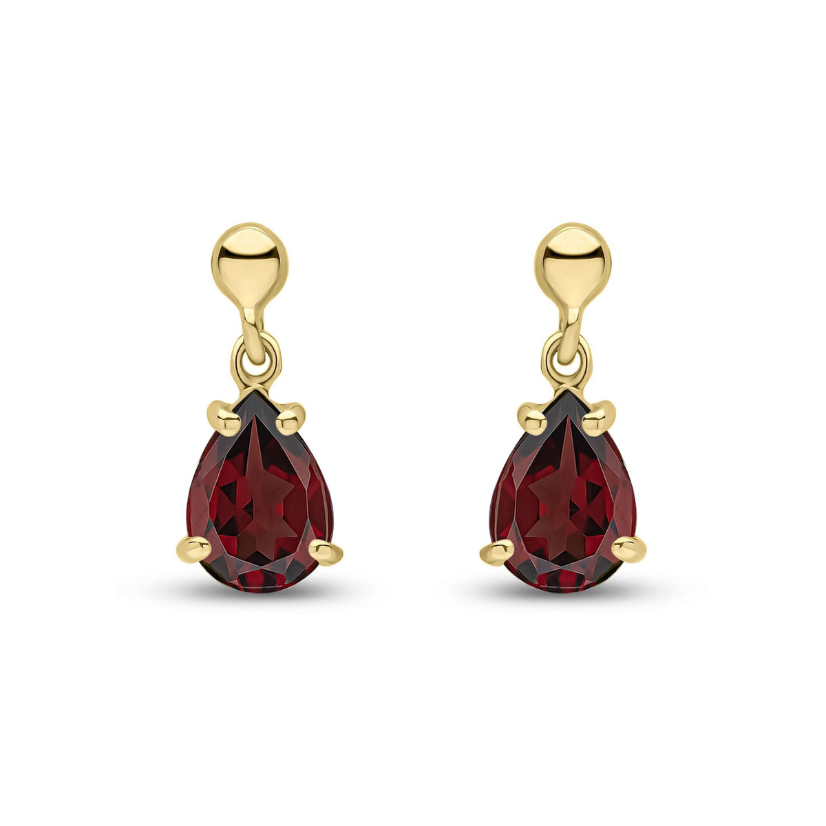 9ct Yellow Gold Pear Shaped Natural Garnet Claw Drop Earrings — 7x5mm