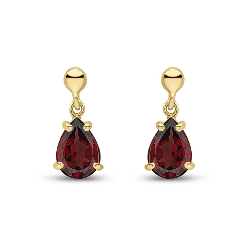 9ct Yellow Gold Pear Shaped Natural Garnet Claw Drop Earrings — 7x5mm