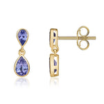 9ct Yellow Gold Pear Shaped Natural Tanzanite Two Stone Rubover Drop Earrings