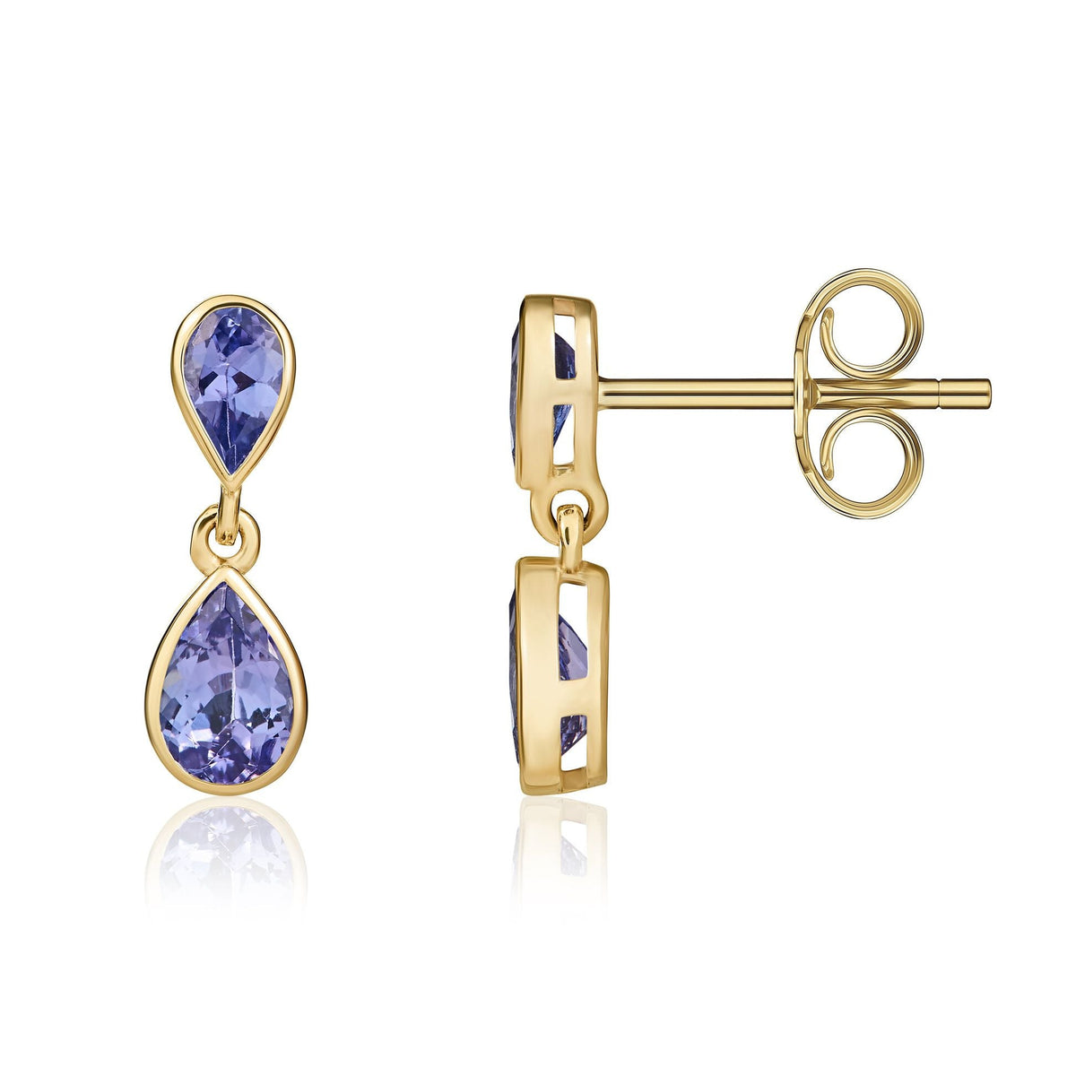 9ct Yellow Gold Pear Shaped Natural Tanzanite Two Stone Rubover Drop Earrings