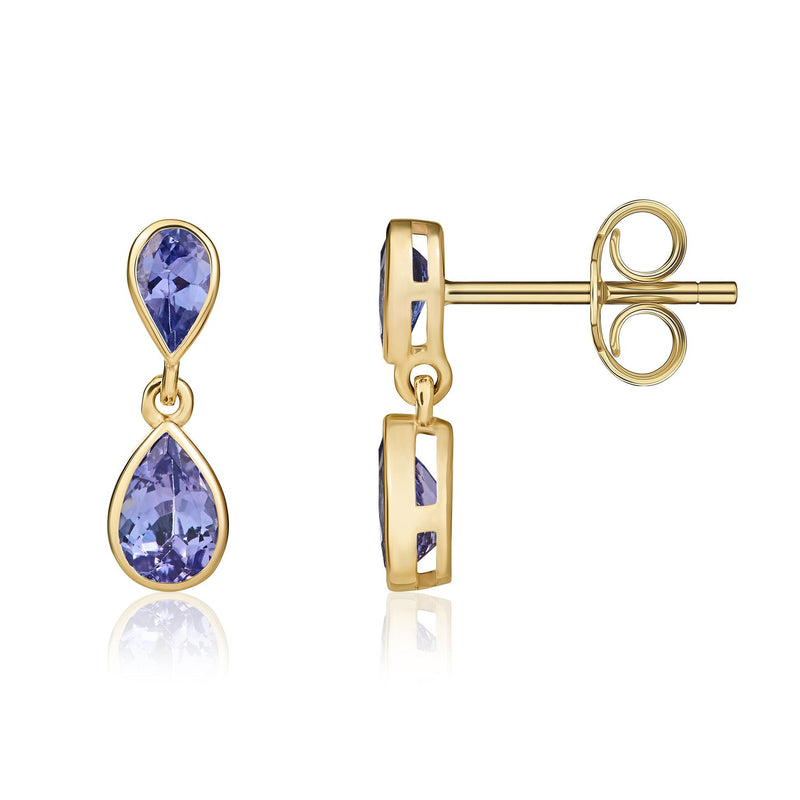 9ct Yellow Gold Pear Shaped Natural Tanzanite Two Stone Rubover Drop Earrings
