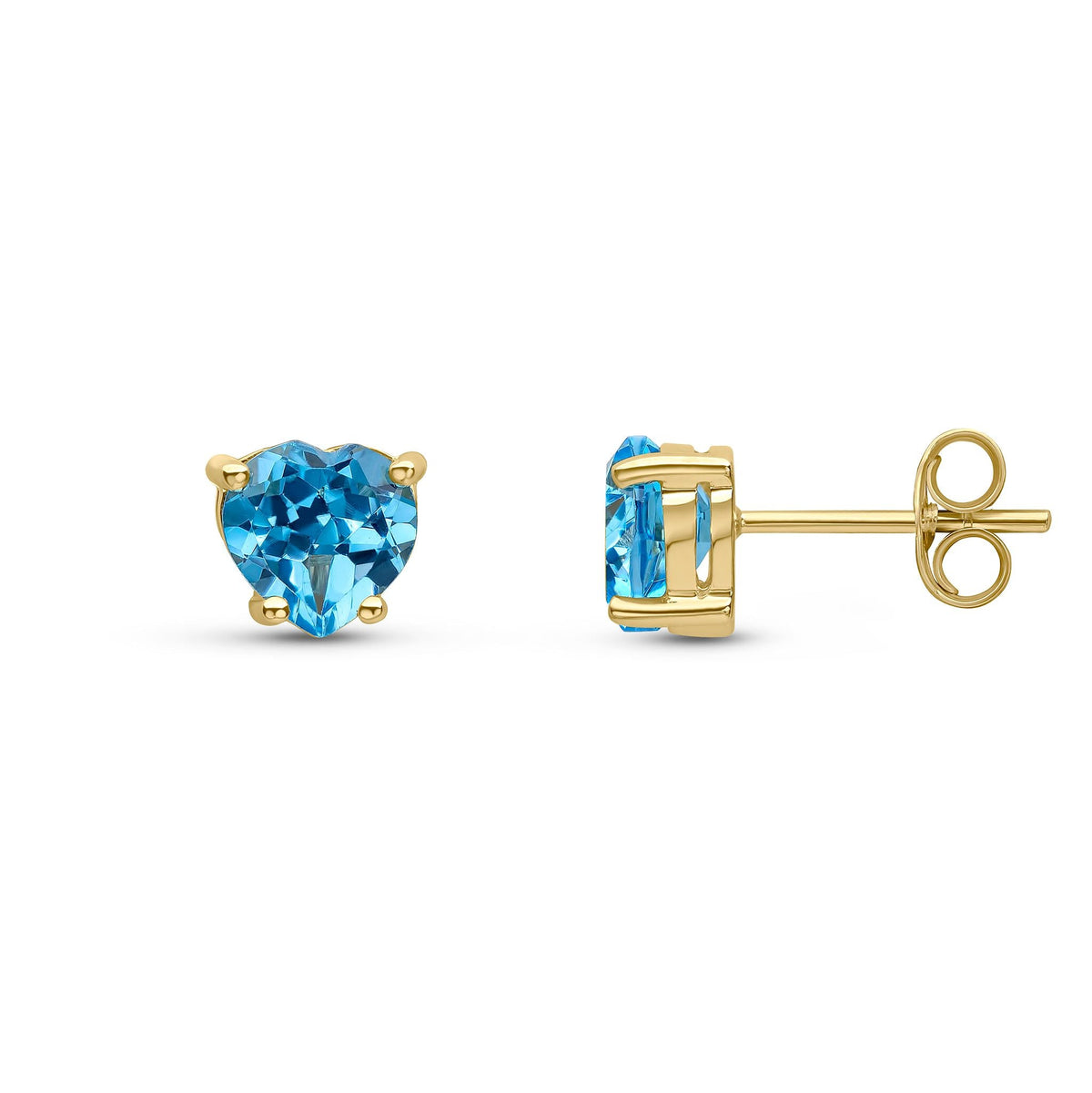 9ct Yellow Gold Heart Natural Swiss Blue Topaz Claw Stud Earrings
