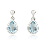 9ct White Gold Pear Shaped Natural Aquamarine Rubover Drop Earrings — 7x5mm
