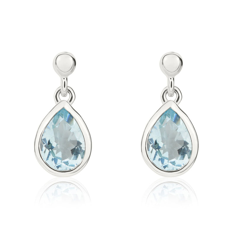 9ct White Gold Pear Shaped Natural Aquamarine Rubover Drop Earrings — 7x5mm