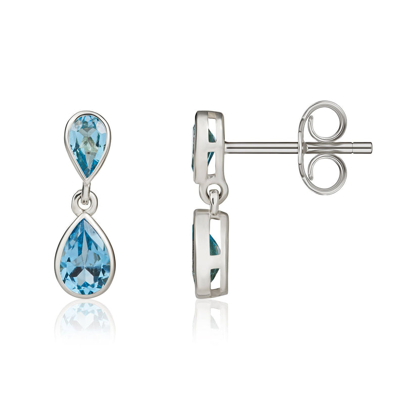 9ct White Gold Pear Shaped Natural Swiss Blue Topaz Two Stone Rubover Drop Earrings