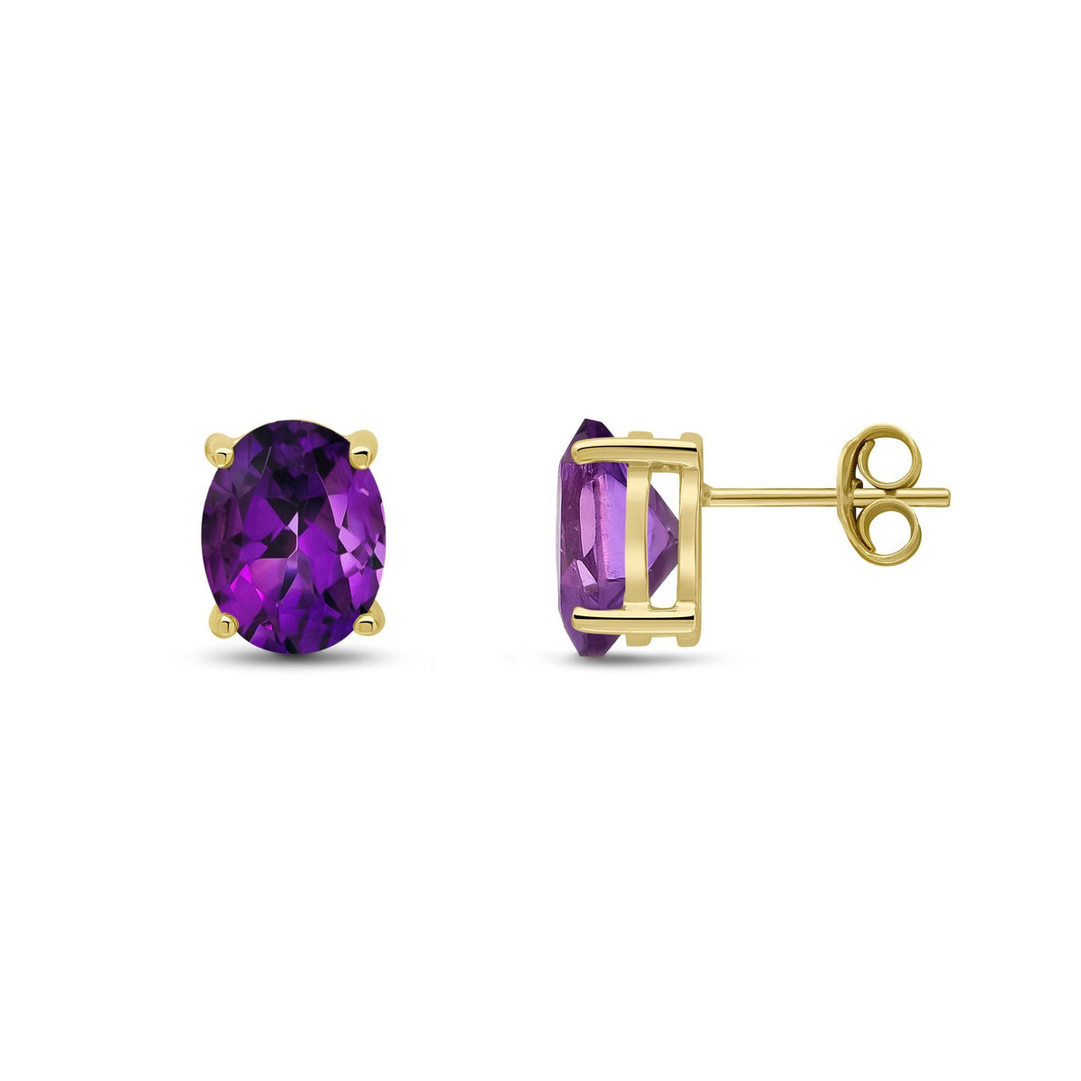 9ct Yellow Gold Oval Natural Amethyst Claw Stud Earrings — 9x7mm