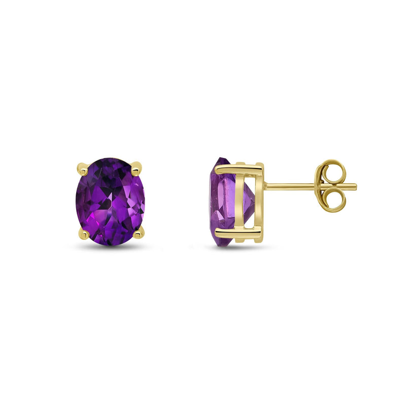 9ct Yellow Gold Oval Natural Amethyst Claw Stud Earrings — 9x7mm