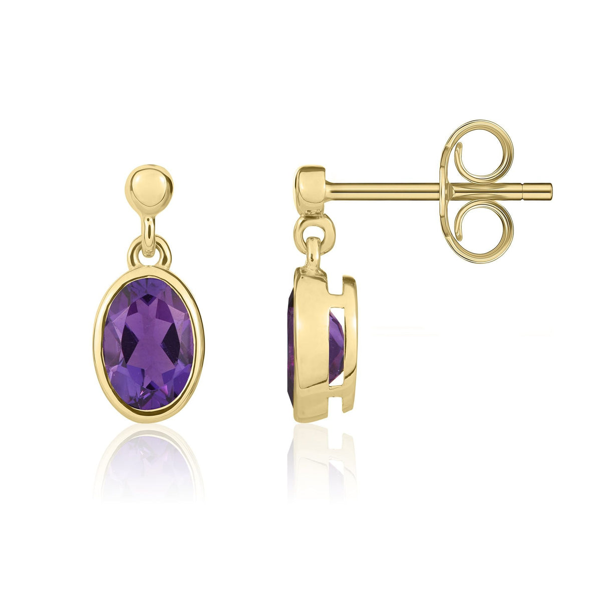 9ct Yellow Gold Oval Natural Amethyst Rubover Drop Earrings — 6x4mm