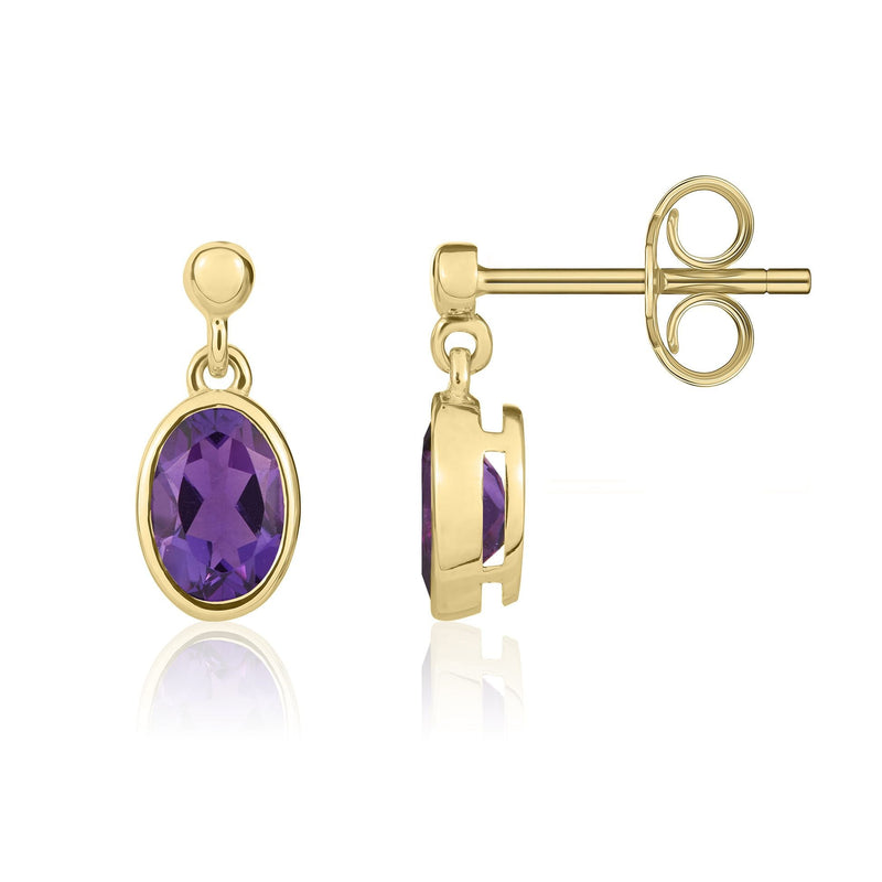 9ct Yellow Gold Oval Natural Amethyst Rubover Drop Earrings — 6x4mm