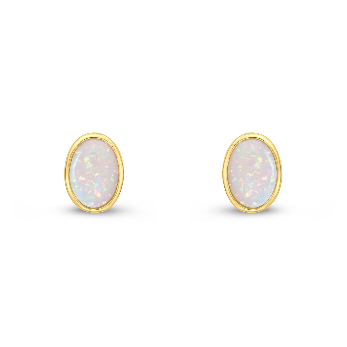 9ct Yellow Gold Oval Natural Opal Rubover Stud Earrings — 7x5mm
