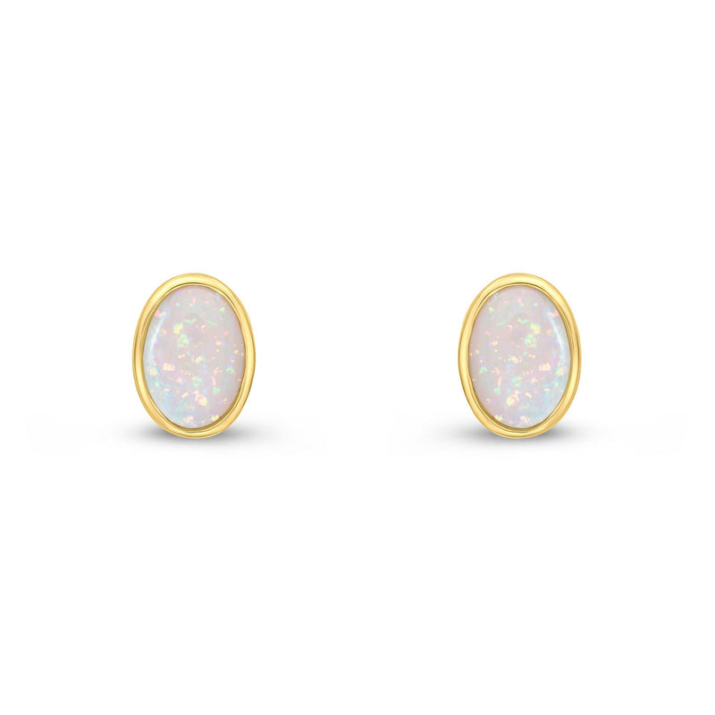 9ct Yellow Gold Oval Natural Opal Rubover Stud Earrings — 7x5mm