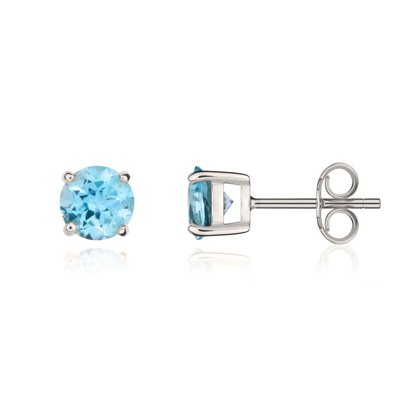 9ct White Gold Round Natural Swiss Blue Topaz Claw Set Stud Earrings — 5mm