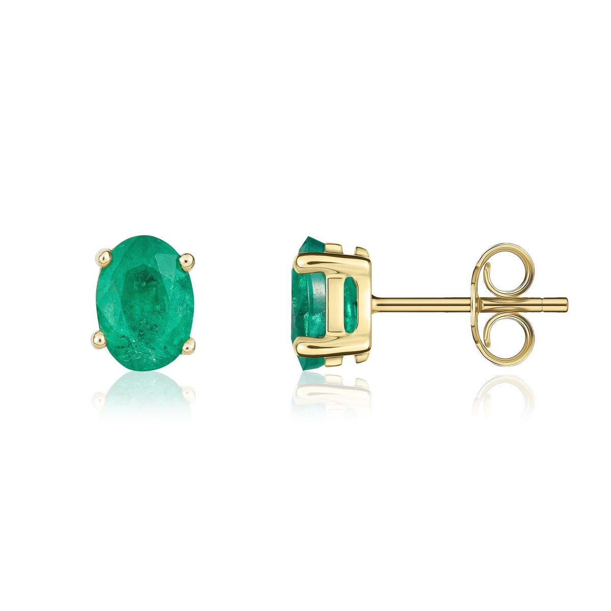 9ct Yellow Gold Oval Natural Emerald Claw Stud Earrings — 7x5mm