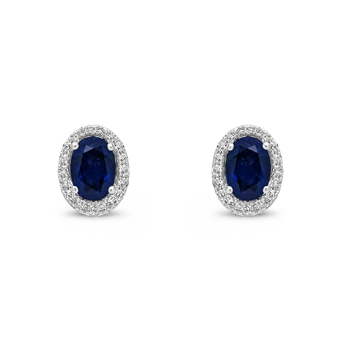 9ct White Gold Oval Natural Sapphire & Diamond Cluster Stud Earrings — 7x5mm