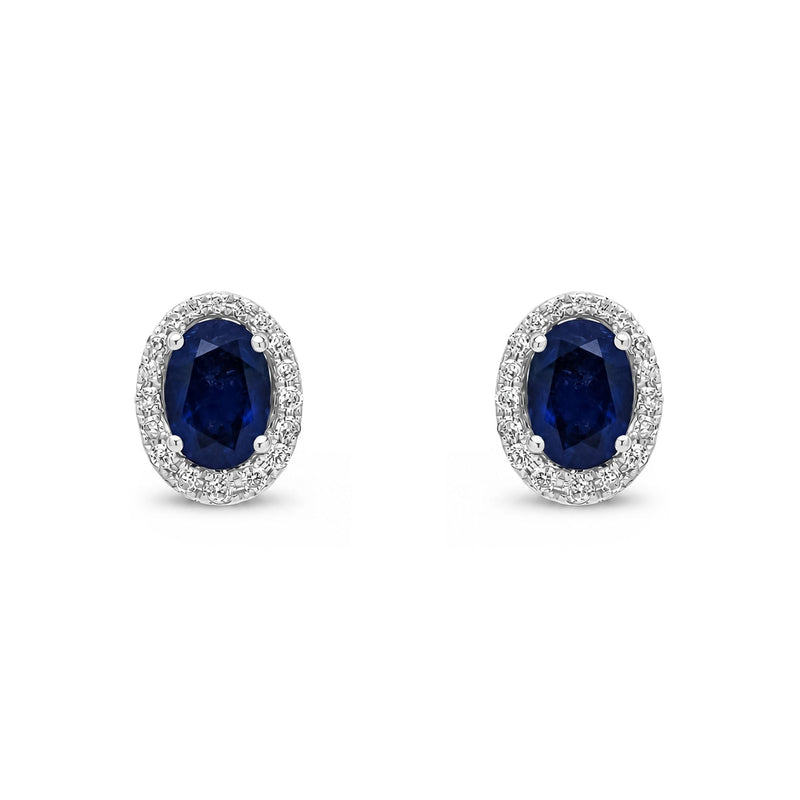 9ct White Gold Oval Natural Sapphire & Diamond Cluster Stud Earrings — 7x5mm