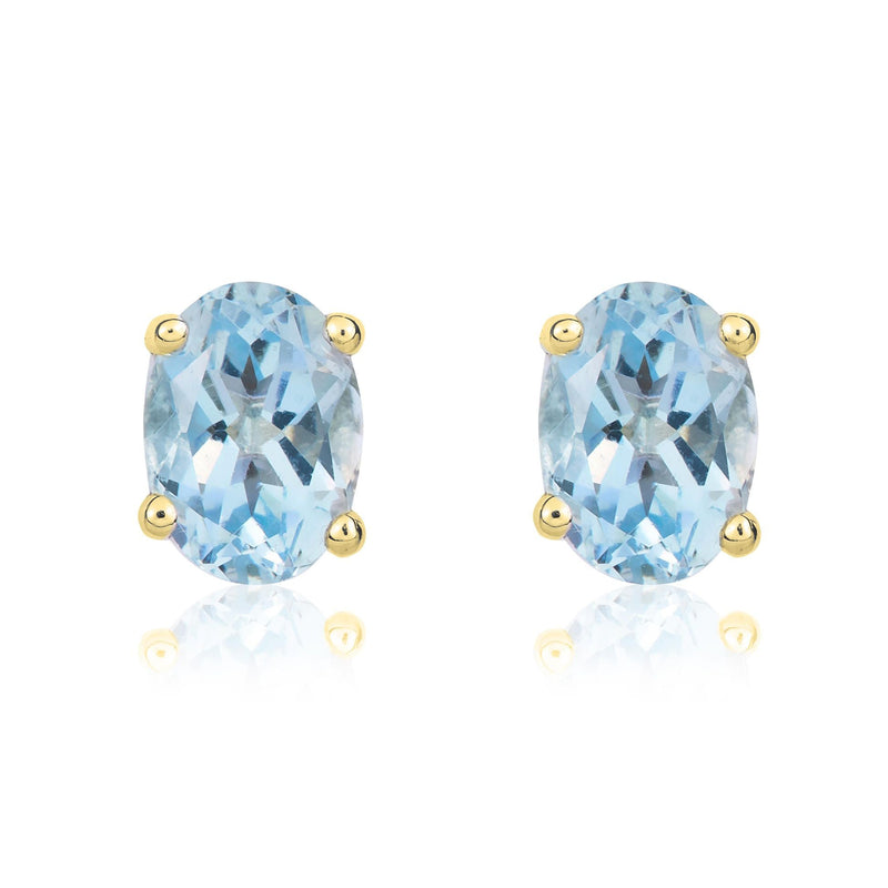 9ct Yellow Gold Oval Natural Aquamarine Claw Stud Earrings — 7x5mm