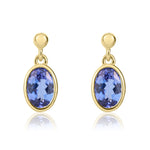 9ct Yellow Gold Oval Natural Tanzanite Rubover Drop Earrings — 7x5mm