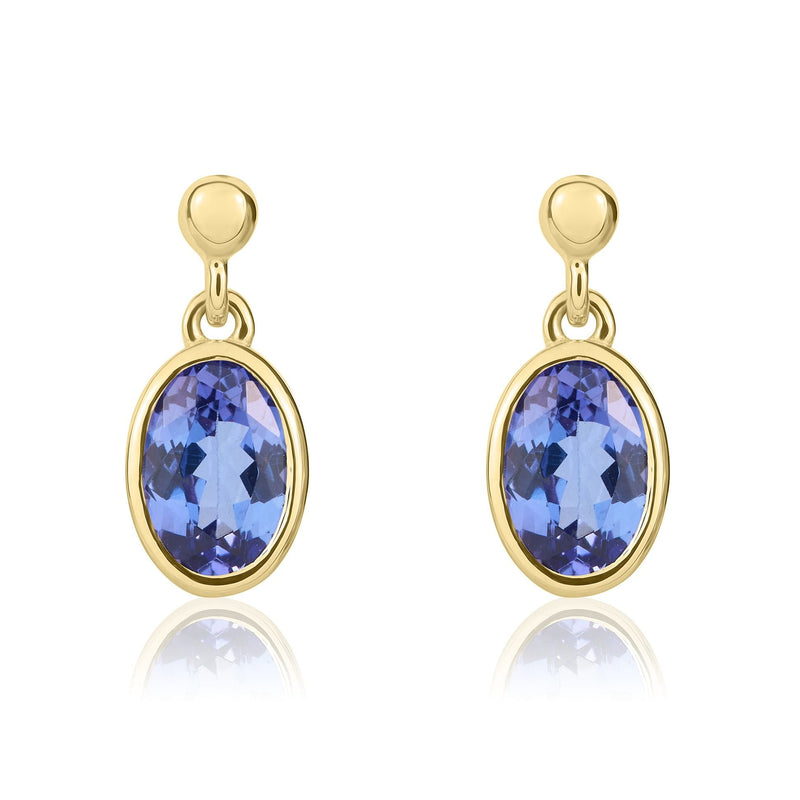 9ct Yellow Gold Oval Natural Tanzanite Rubover Drop Earrings — 7x5mm