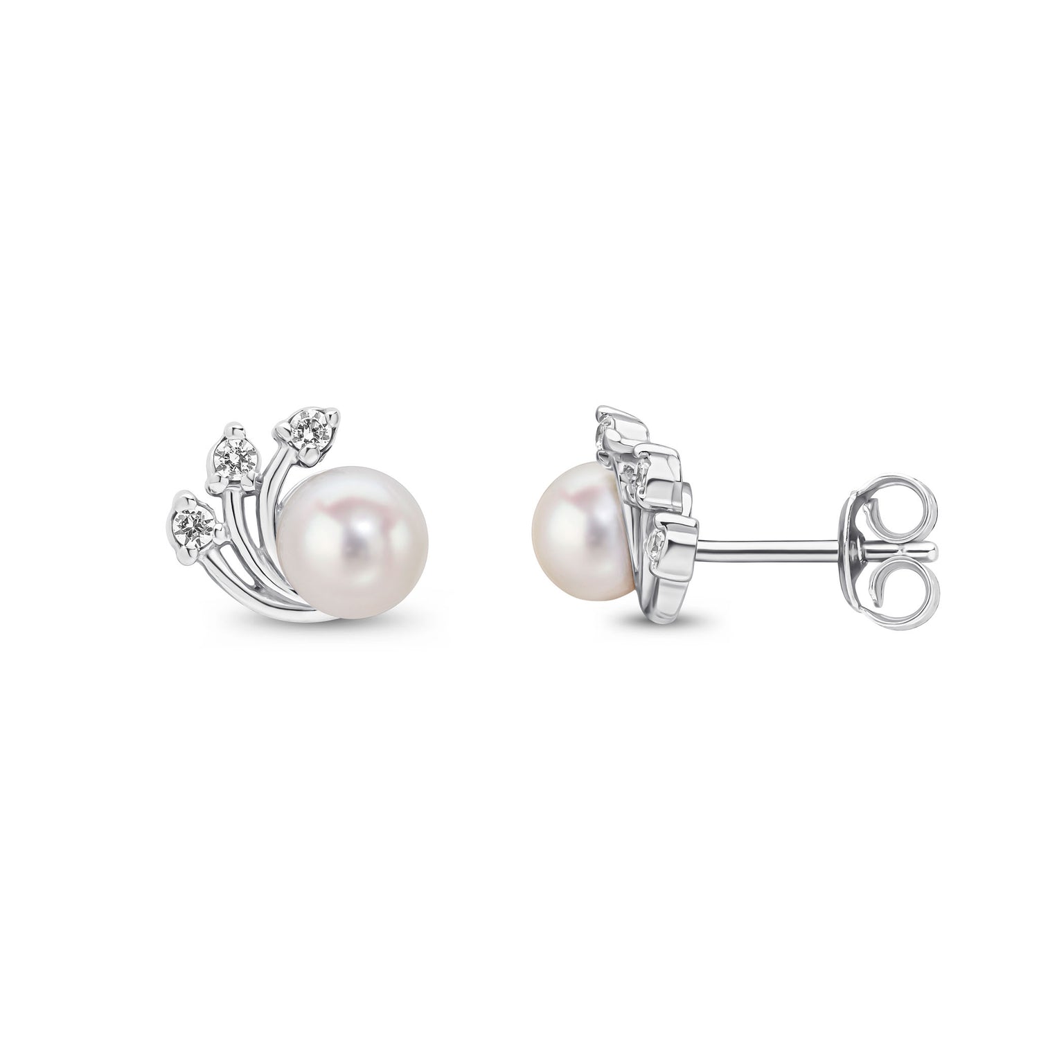 9ct White Gold Natural Freshwater Pearl and Cubic Zirconia CZ Floral Stud Earrings
