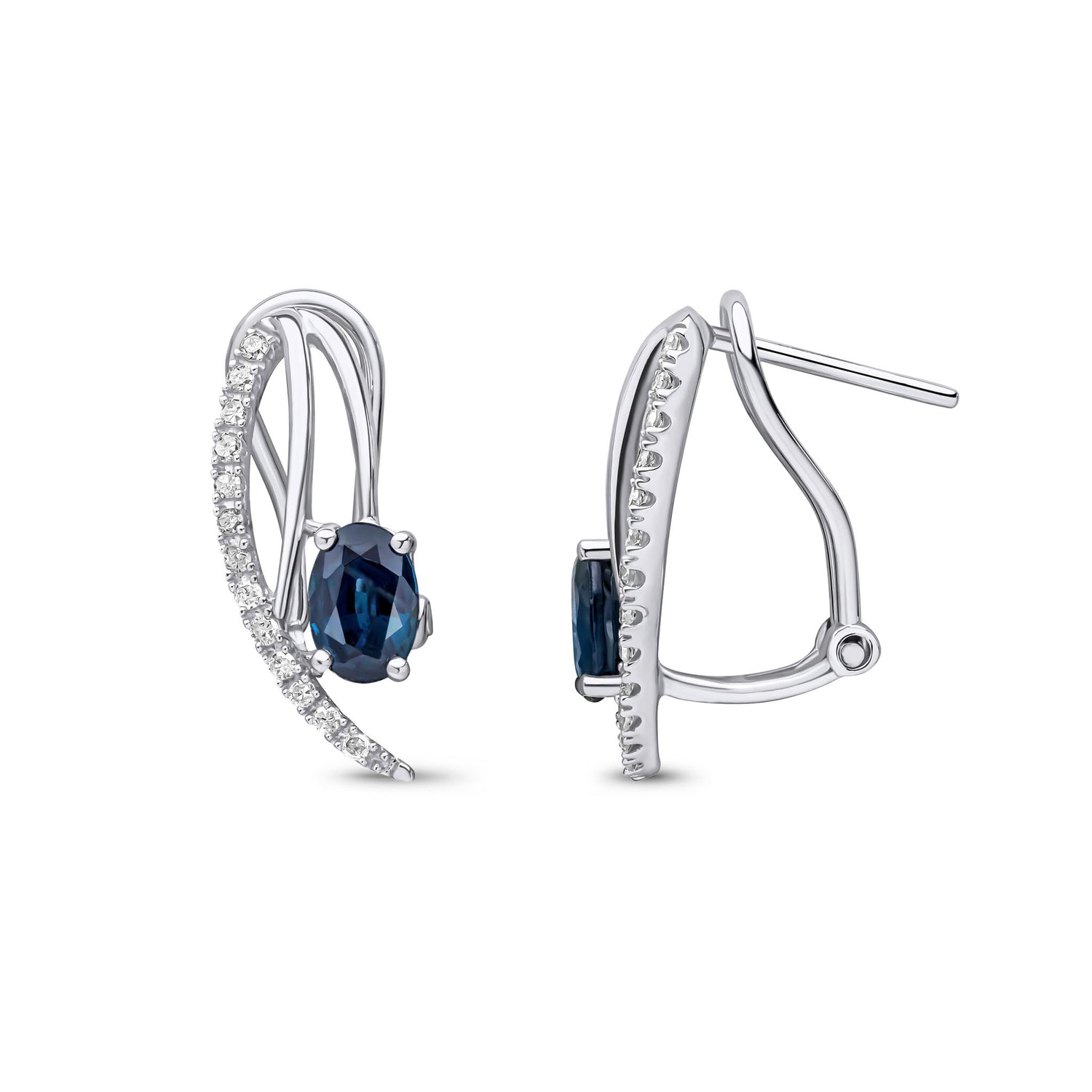 9ct White Gold Oval Natural Sapphire and Diamond Pavé Stud Earrings with Peg and Clip Fastening