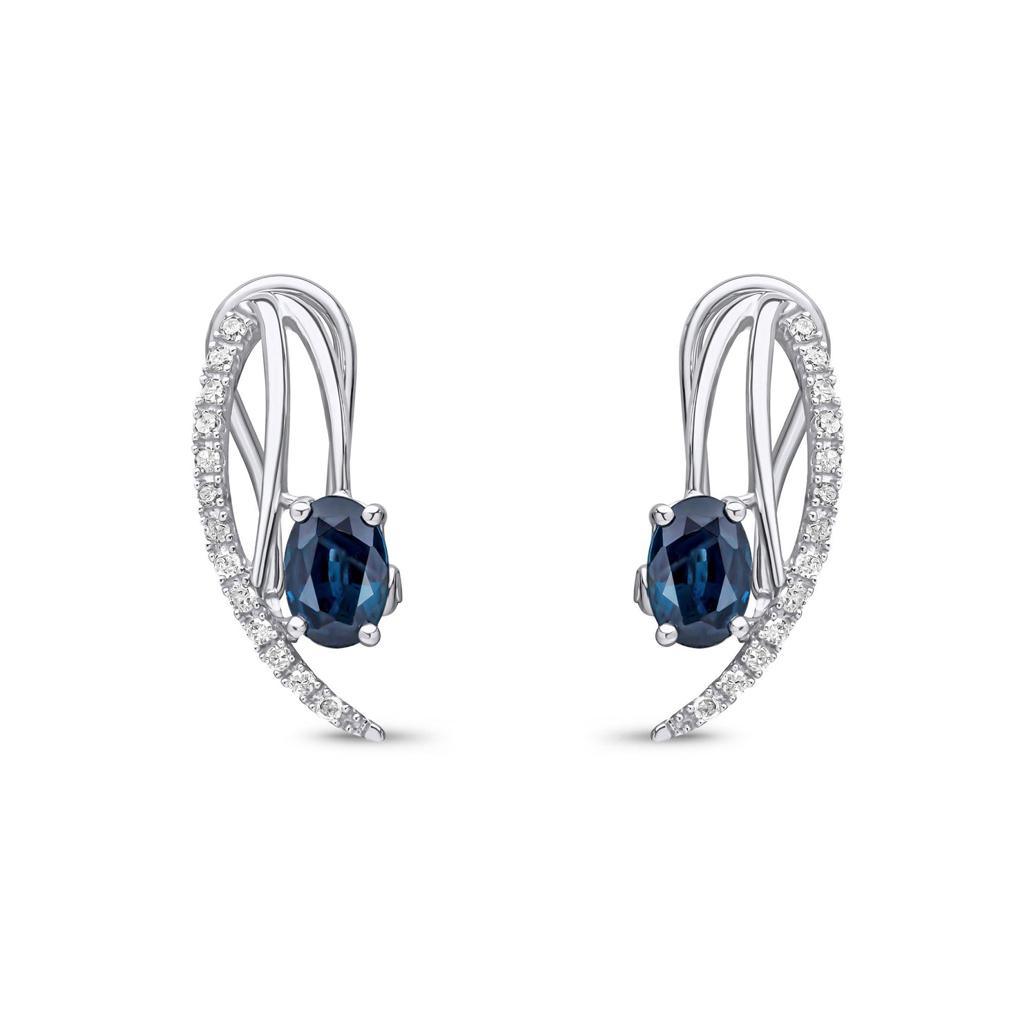 9ct White Gold Oval Natural Sapphire and Diamond Pavé Stud Earrings with Peg and Clip Fastening