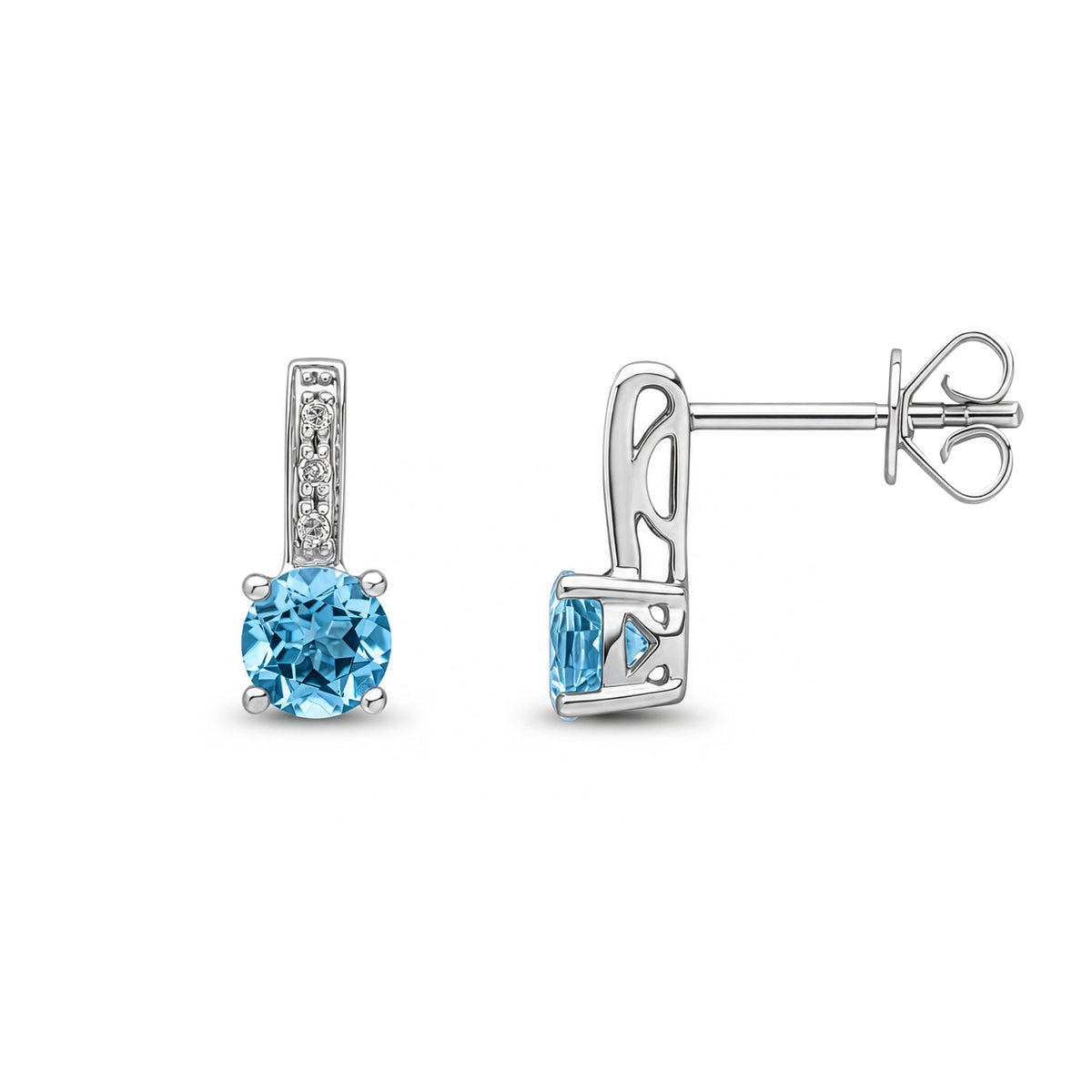 9ct White Gold Round Natural Swiss Blue Topaz and Diamond Drop Earrings