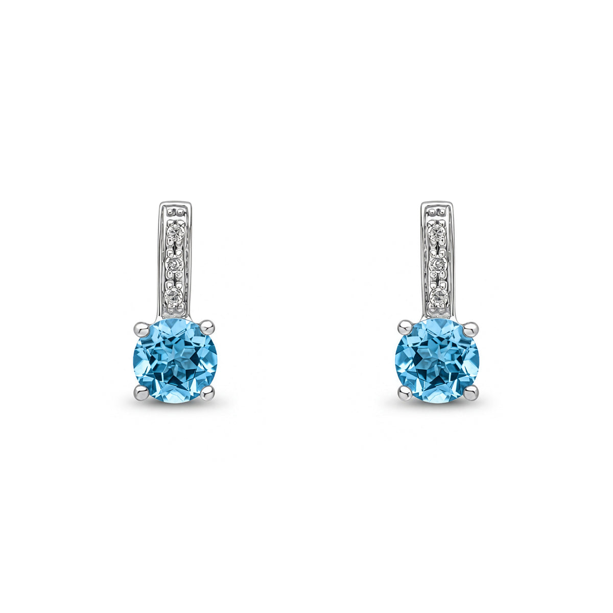 9ct White Gold Round Natural Swiss Blue Topaz and Diamond Drop Earrings
