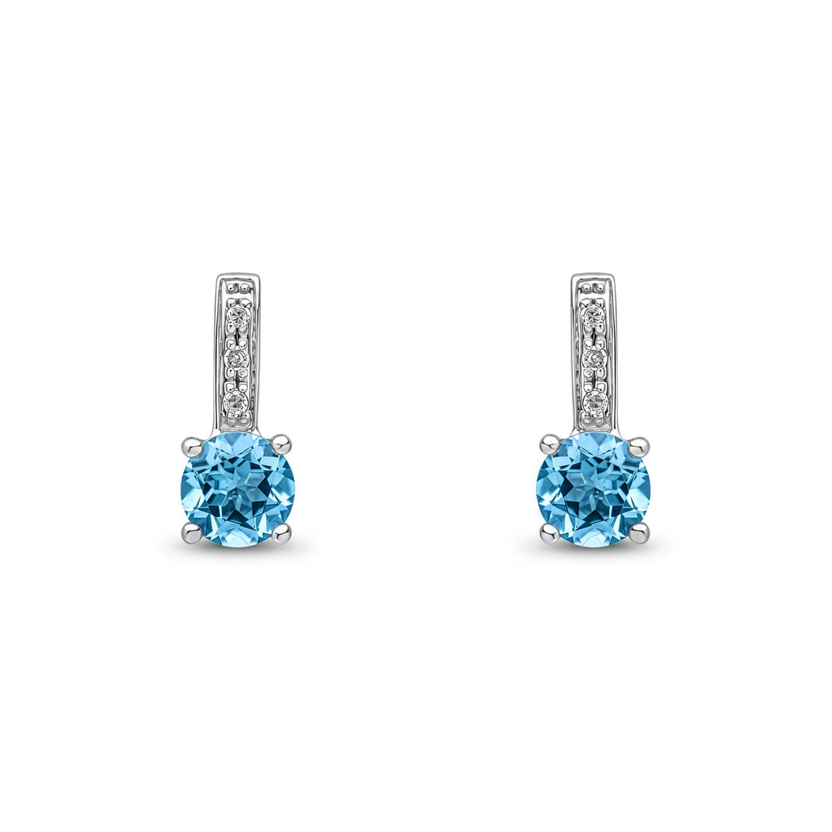 9ct White Gold Round Natural Swiss Blue Topaz & Diamond Drop Earrings — 5mm