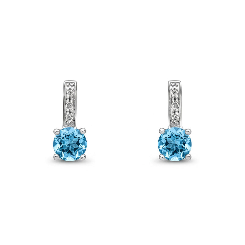 9ct White Gold Round Natural Swiss Blue Topaz & Diamond Drop Earrings — 5mm