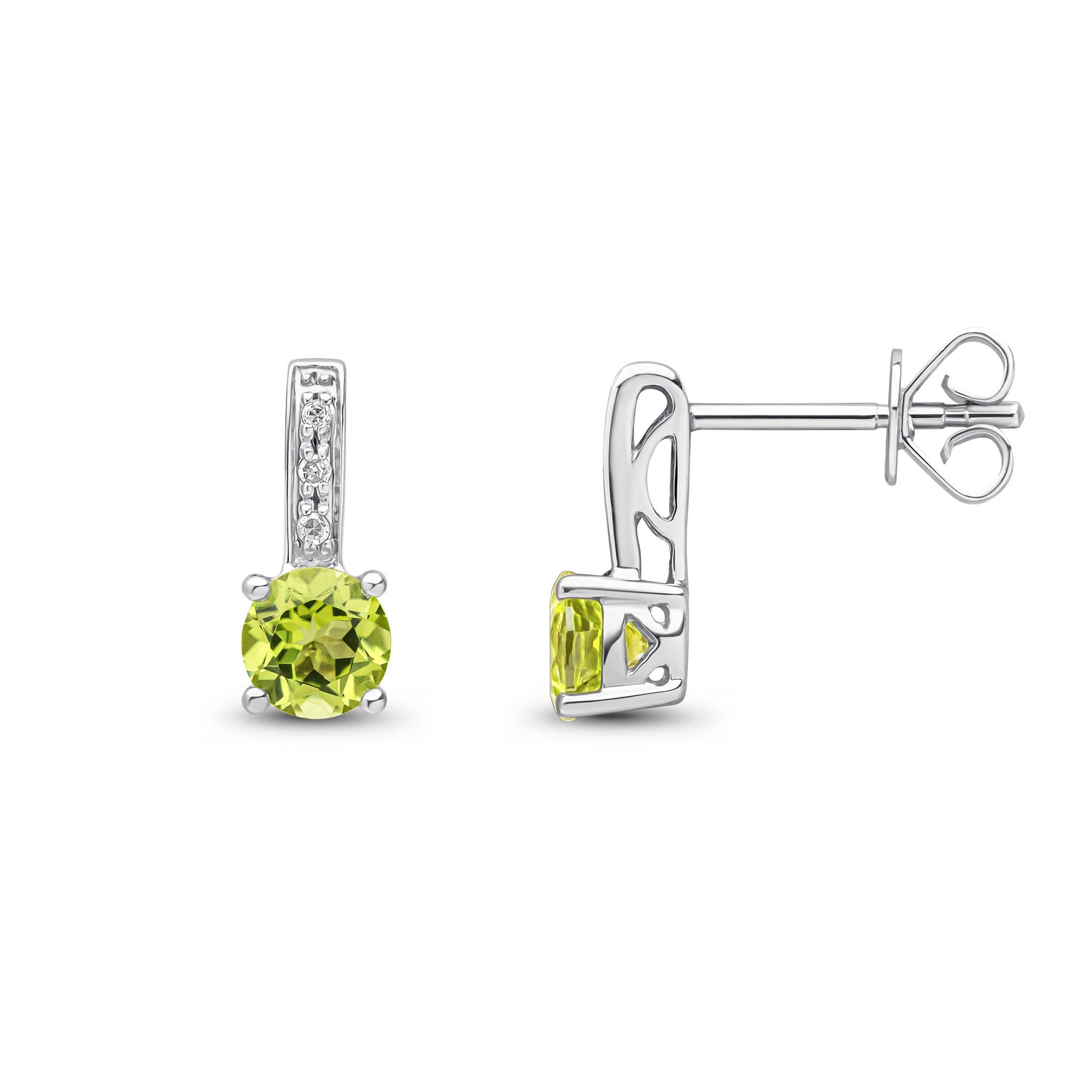 9ct White Gold Round Natural Peridot and Round Diamond Drop Earrings