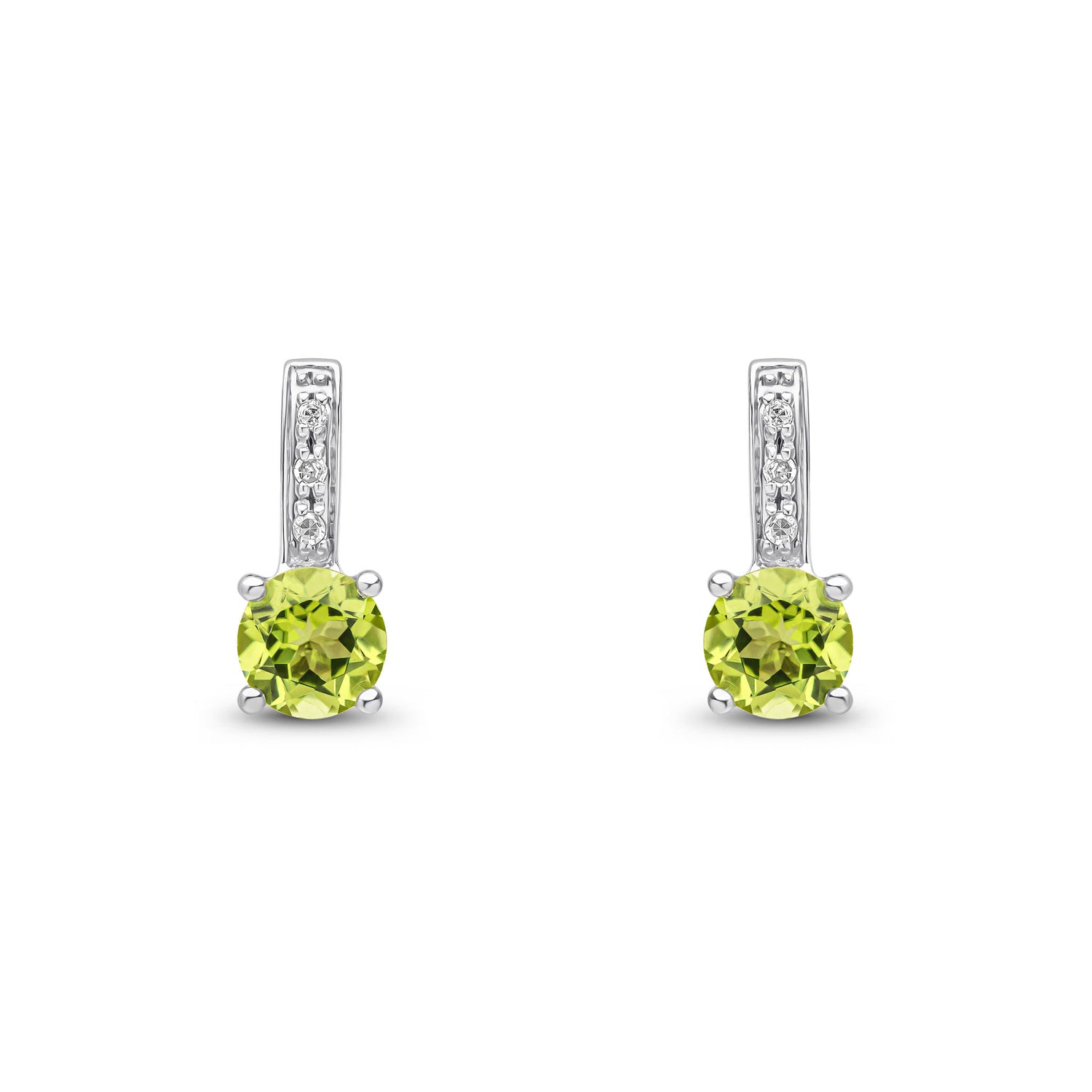9ct White Gold Round Natural Peridot and Round Diamond Drop Earrings
