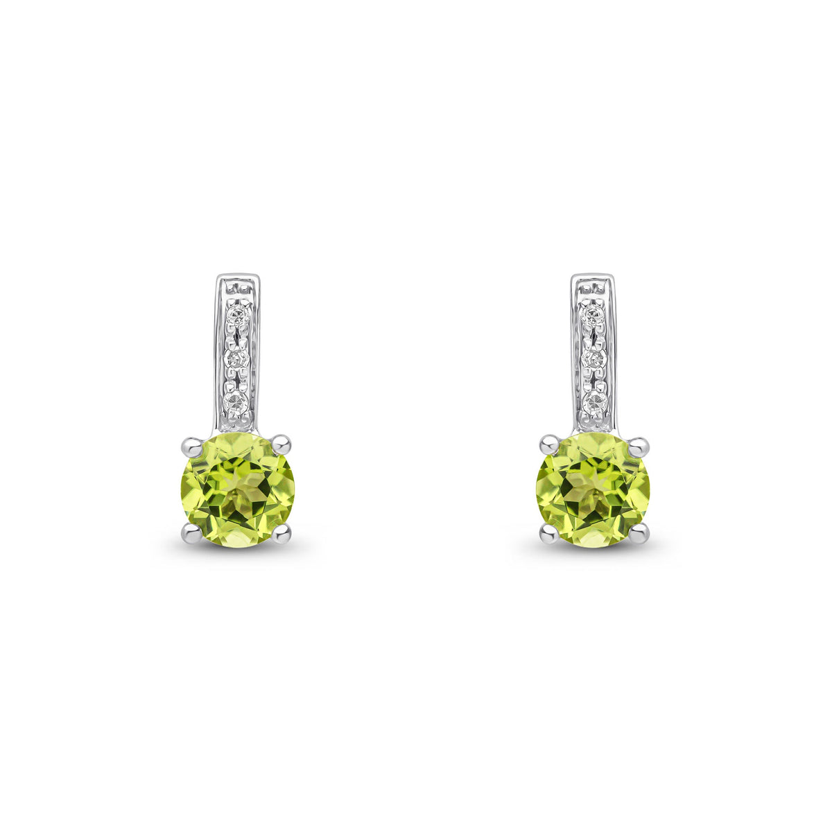 9ct White Gold Round Natural Peridot & Diamond Drop Earrings — 5mm