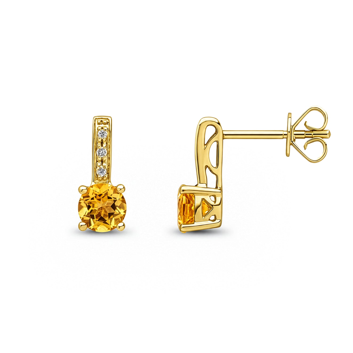 9ct Yellow Gold Round Natural Citrine and Round Diamond Drop Earrings