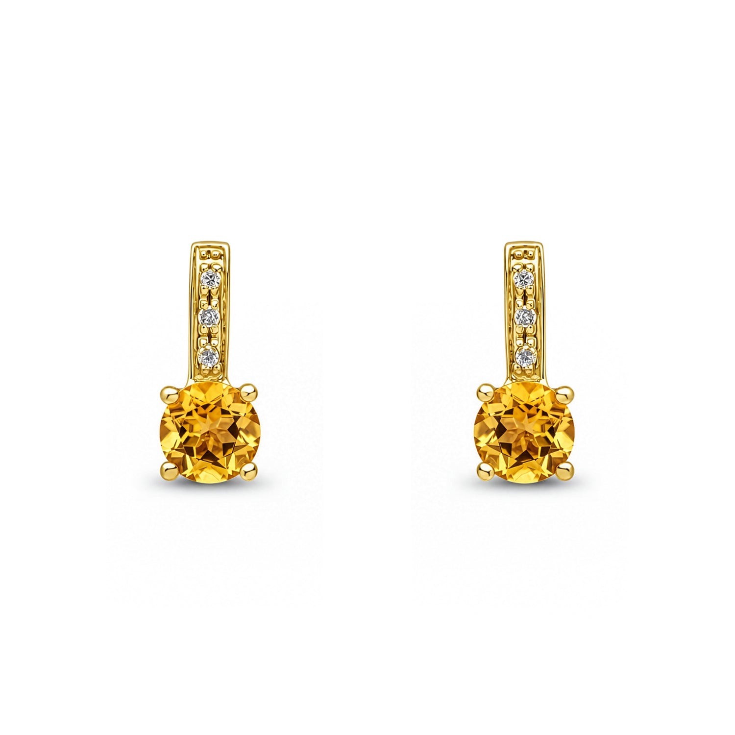 9ct Yellow Gold Round Natural Citrine and Round Diamond Drop Earrings