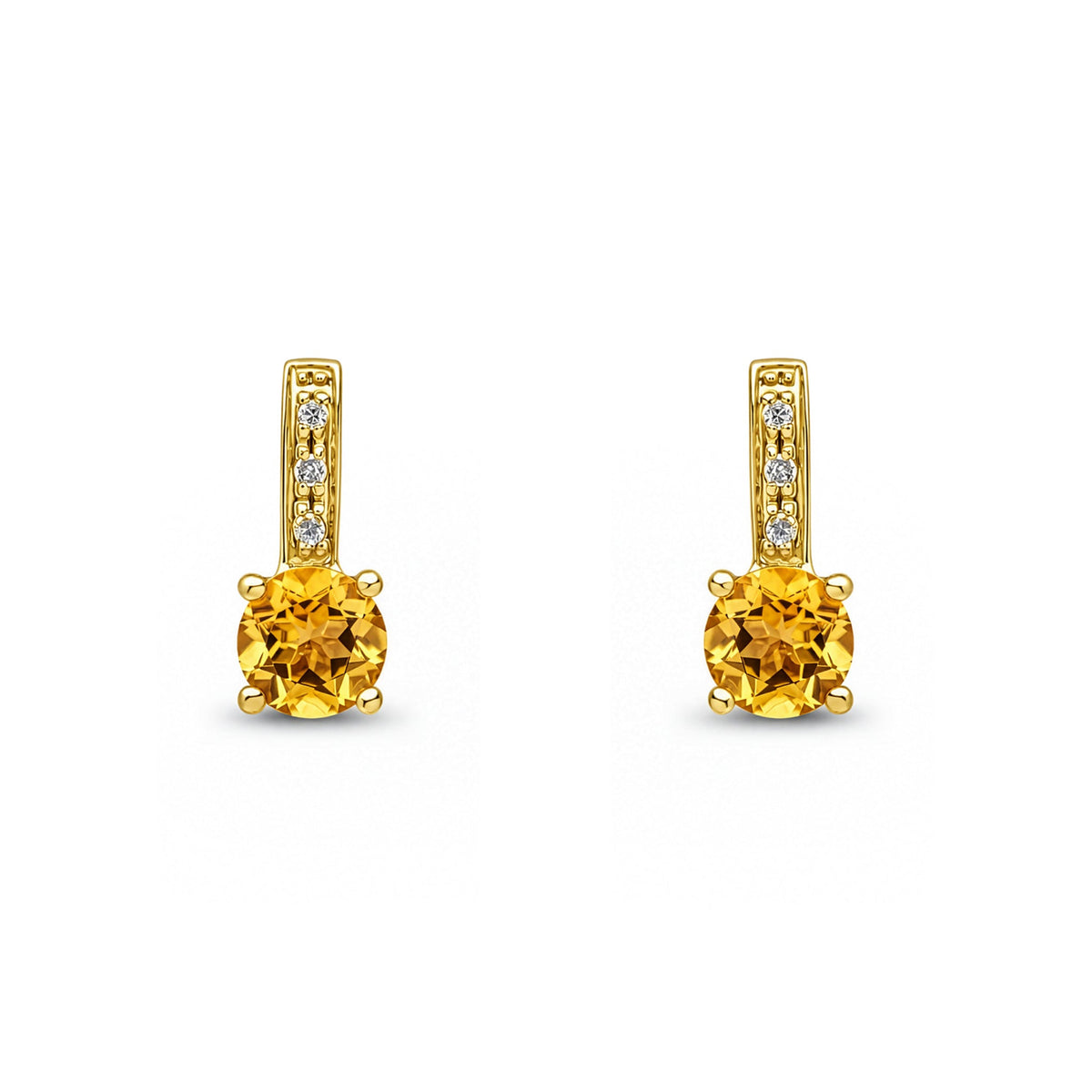 9ct Yellow Gold Round Natural Citrine & Diamond Drop Earrings — 5mm