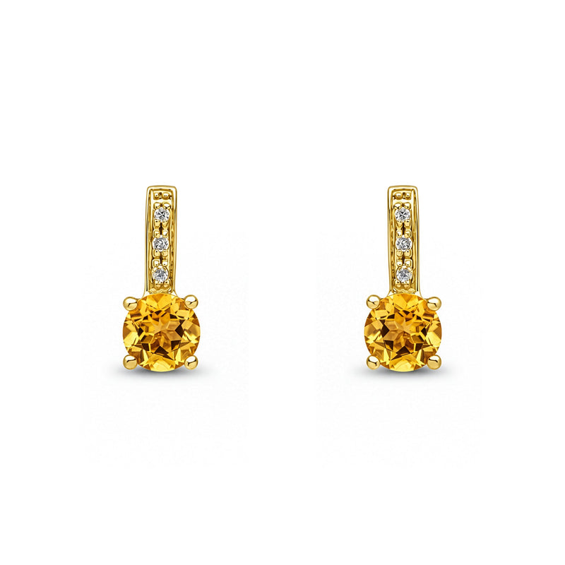 9ct Yellow Gold Round Natural Citrine & Diamond Drop Earrings — 5mm