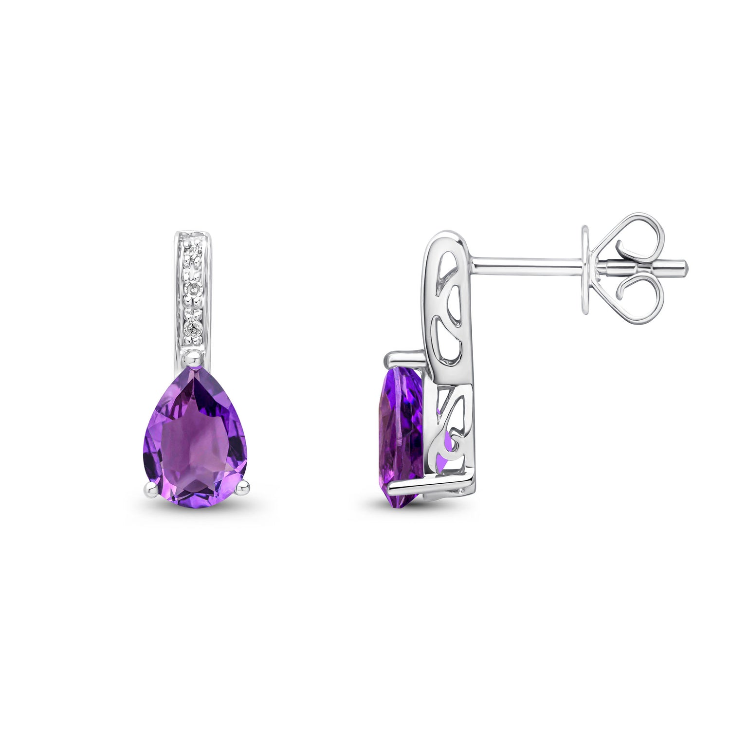 9ct White Gold Pear Shaped Natural Amethyst and Round Diamond Drop Earrings