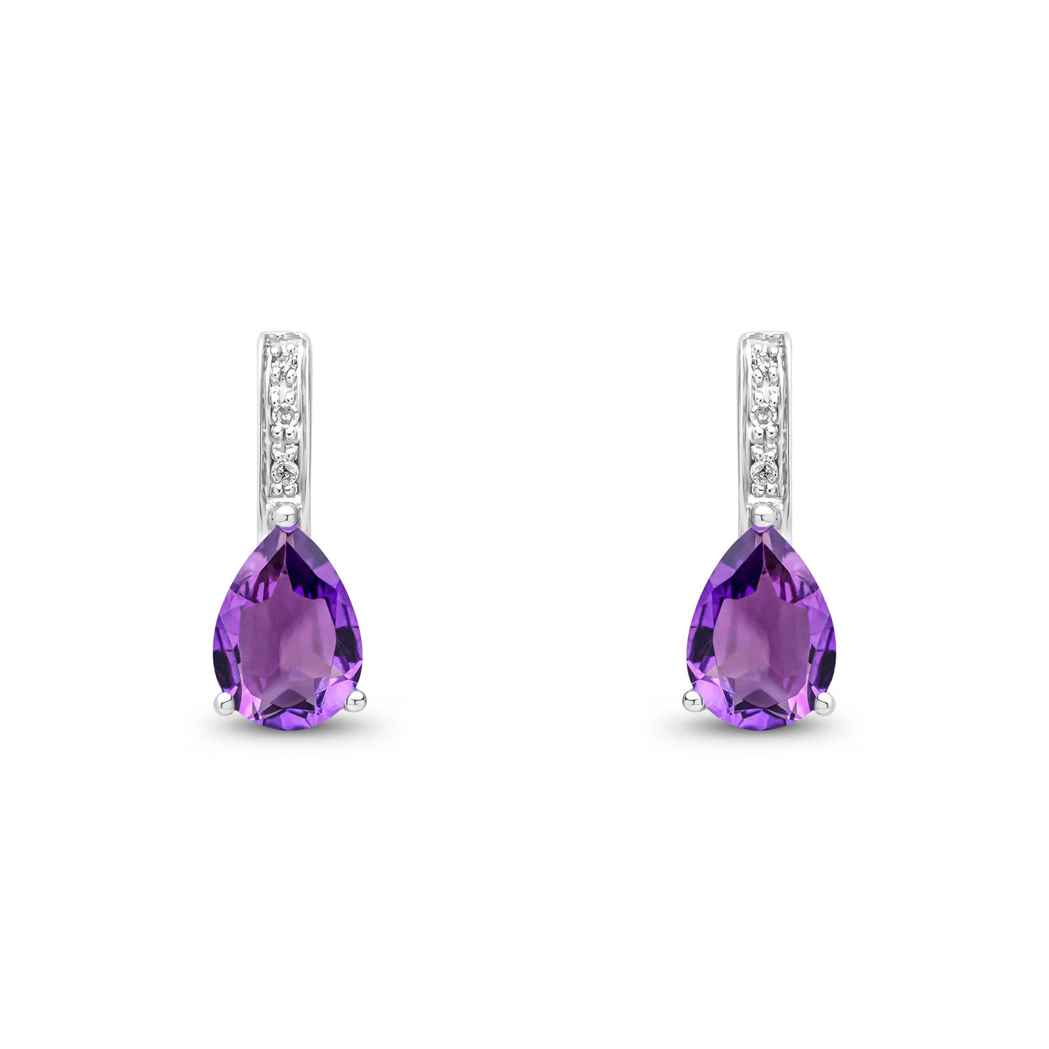 9ct White Gold Pear Shaped Natural Amethyst and Round Diamond Drop Earrings