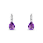 9ct White Gold Pear Shaped Natural Amethyst & Diamond Drop Earrings — 7x5mm