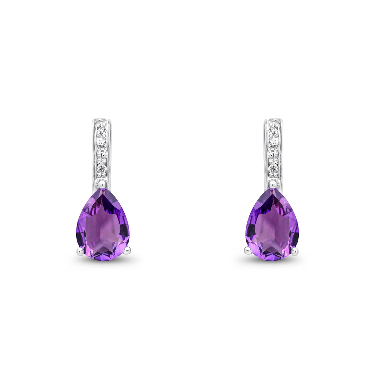 9ct White Gold Pear Shaped Natural Amethyst & Diamond Drop Earrings — 7x5mm