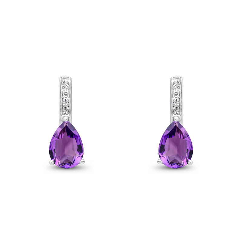 9ct White Gold Pear Shaped Natural Amethyst & Diamond Drop Earrings — 7x5mm