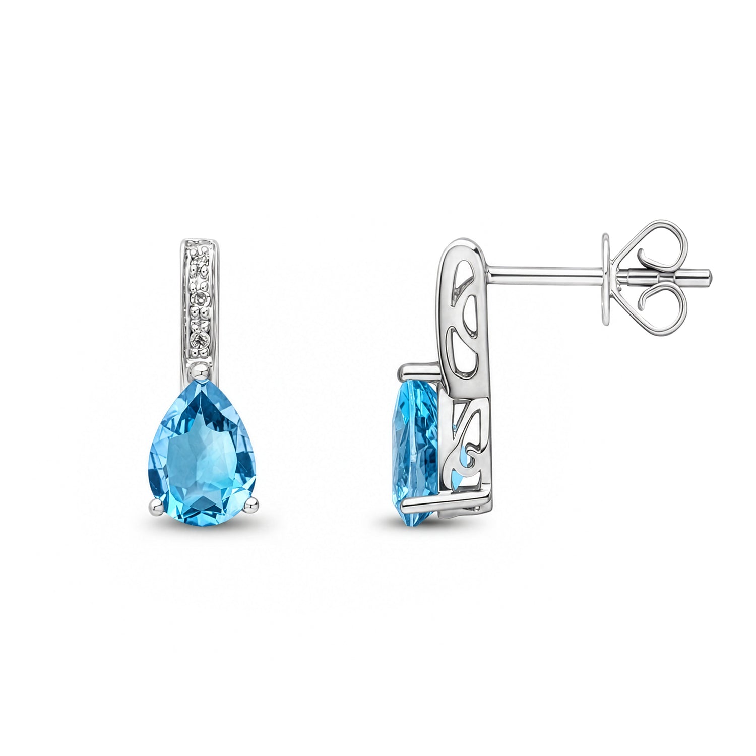 9ct White Gold Pear Shaped Natural Swiss Blue Topaz and Round Diamond Drop Earrings