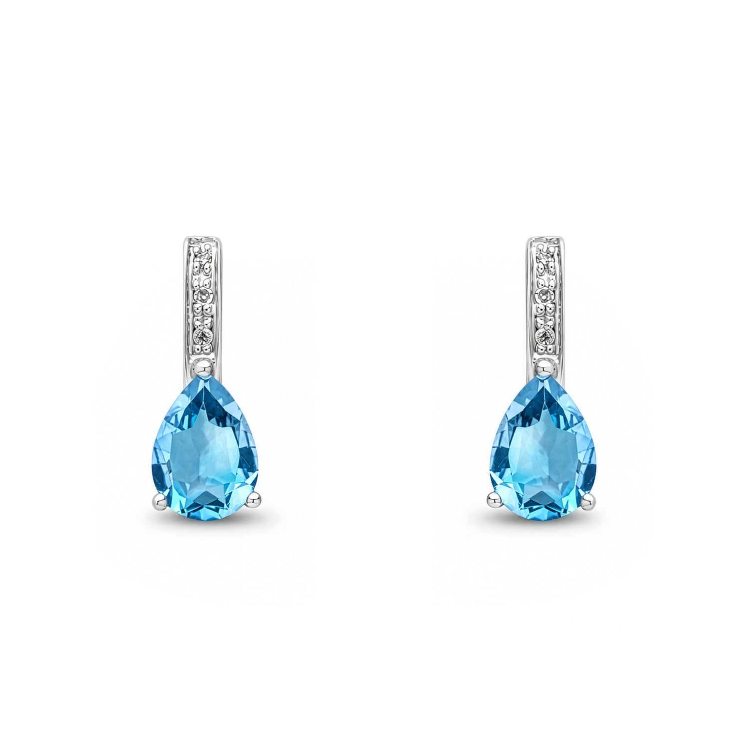 9ct White Gold Pear Shaped Natural Swiss Blue Topaz and Round Diamond Drop Earrings