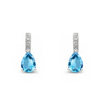 9ct White Gold Pear Shaped Natural Swiss Blue Topaz & Diamond Drop Earrings — 7x5mm
