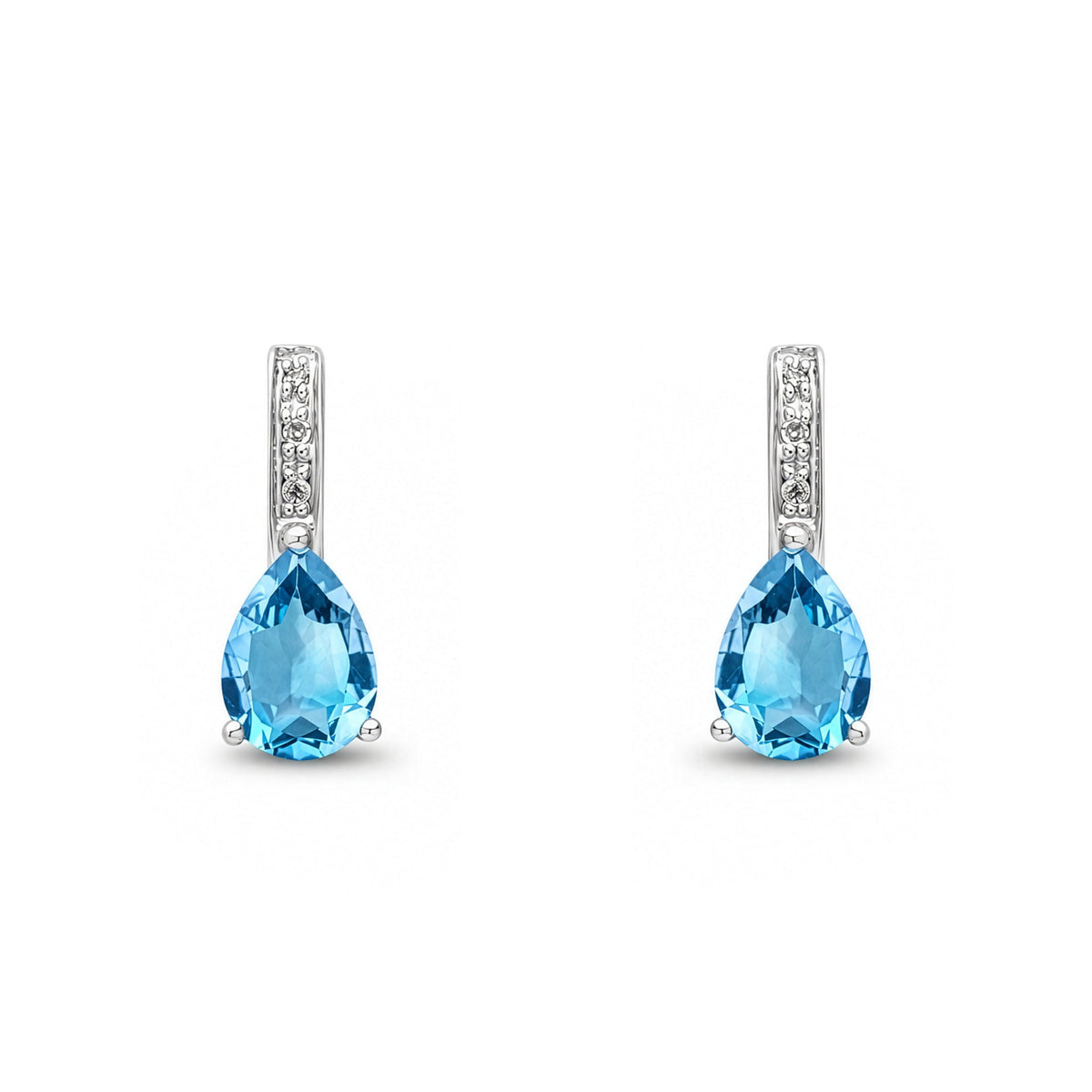 9ct White Gold Pear Shaped Natural Swiss Blue Topaz & Diamond Drop Earrings — 7x5mm