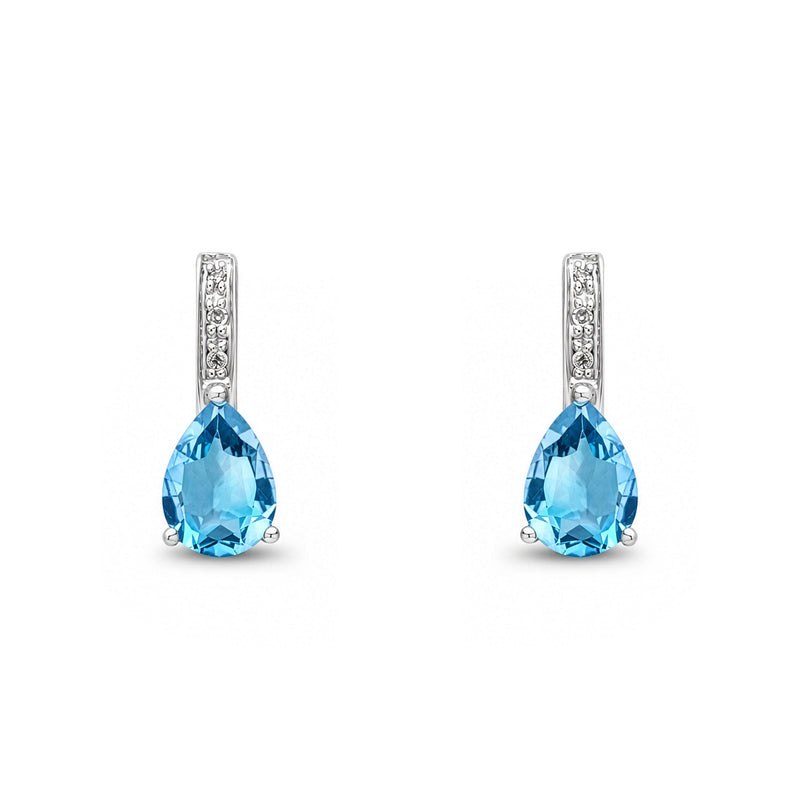 9ct White Gold Pear Shaped Natural Swiss Blue Topaz & Diamond Drop Earrings — 7x5mm