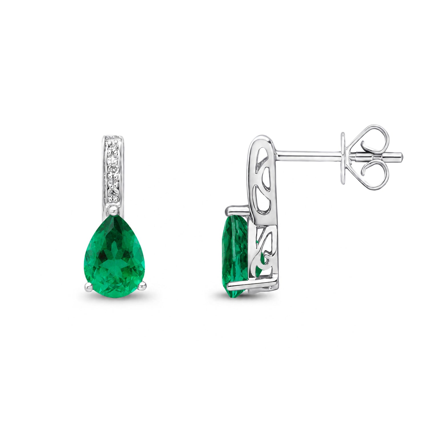9ct White Gold Pear Shaped Natural Emerald and Round Diamond Drop Earrings