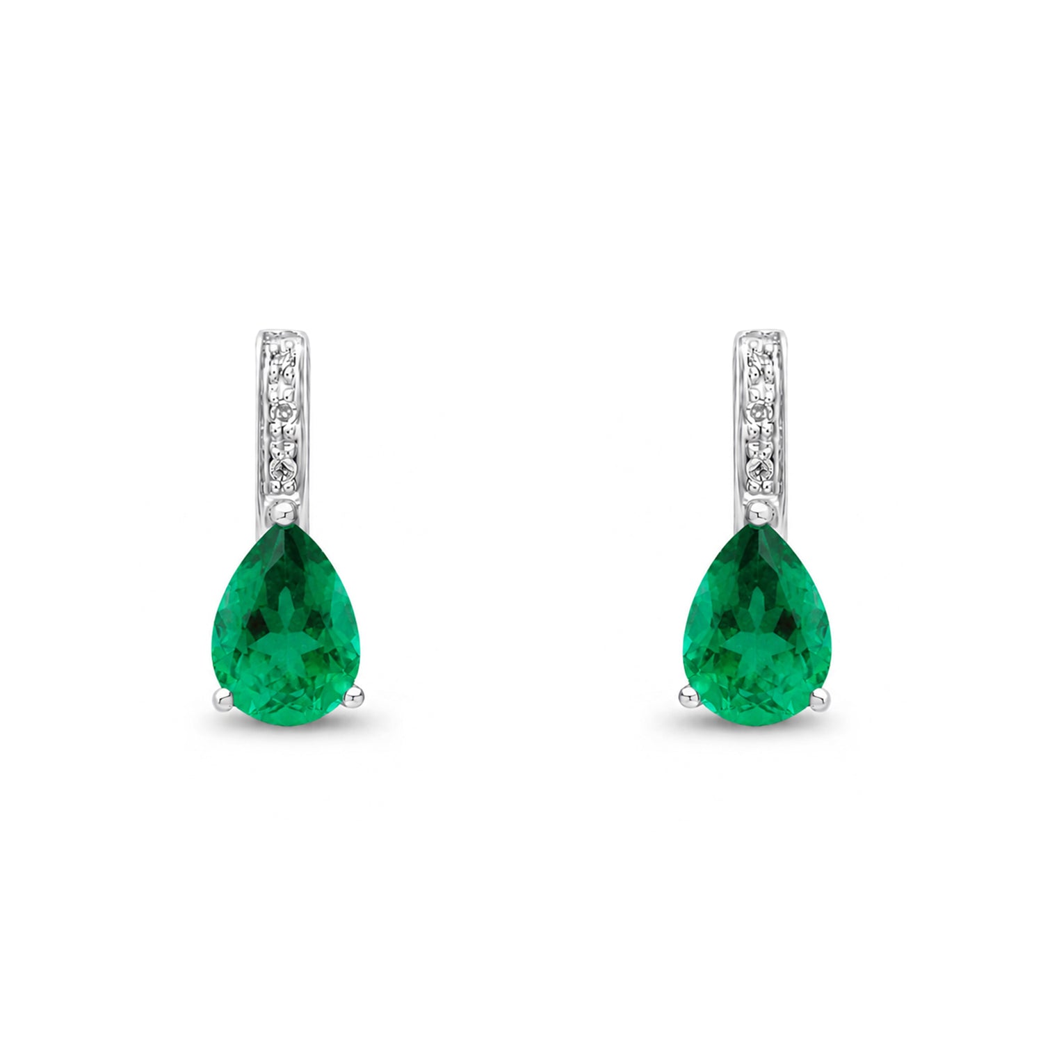 9ct White Gold Pear Shaped Natural Emerald and Round Diamond Drop Earrings