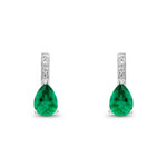 9ct White Gold Pear Shaped Natural Emerald & Diamond Drop Earrings — 7x5mm
