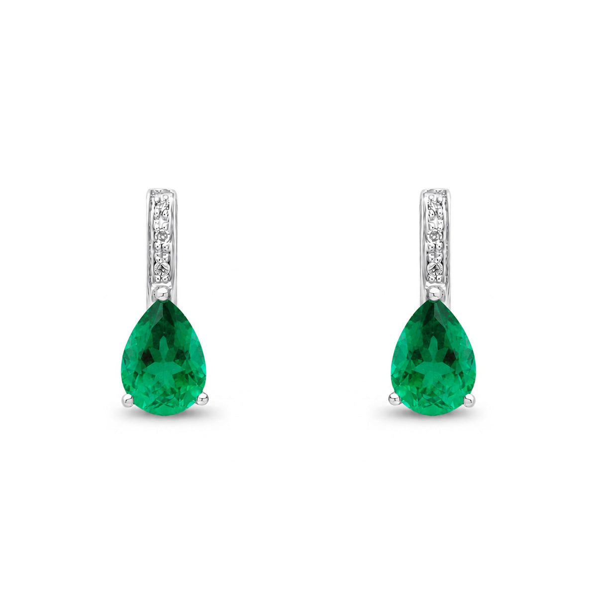 9ct White Gold Pear Shaped Natural Emerald & Diamond Drop Earrings — 7x5mm